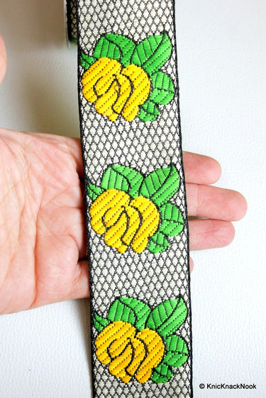 Jacquard Weave Yellow Rose Floral Trim Indian Sari Border, Decorative Costume Trim, Fashion Trim